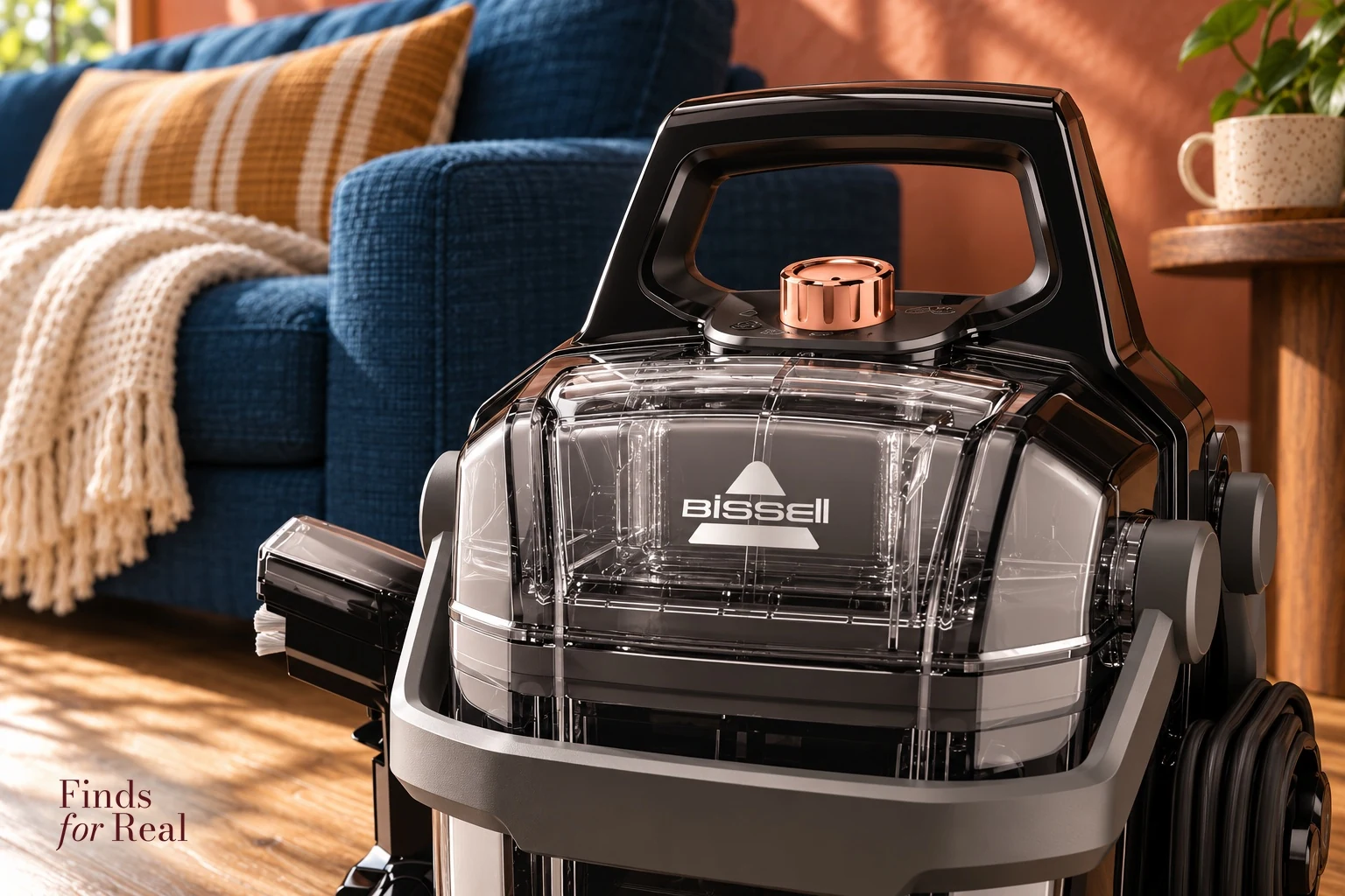 Closer view of the BISSELL 3700E tank, copper mode selector and carry handle.