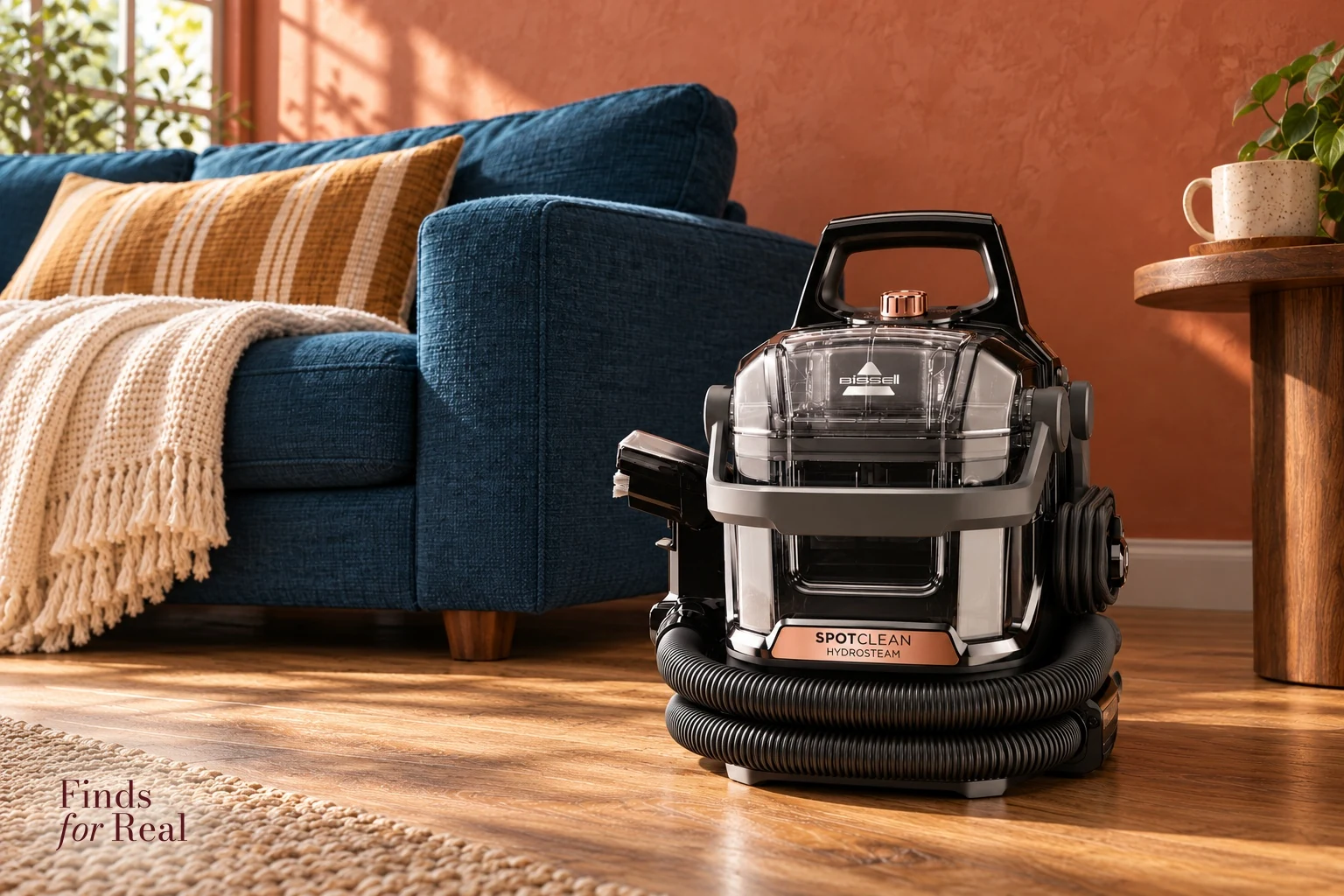 BISSELL SpotClean HydroSteam 3700E beside a blue cotton sofa.
