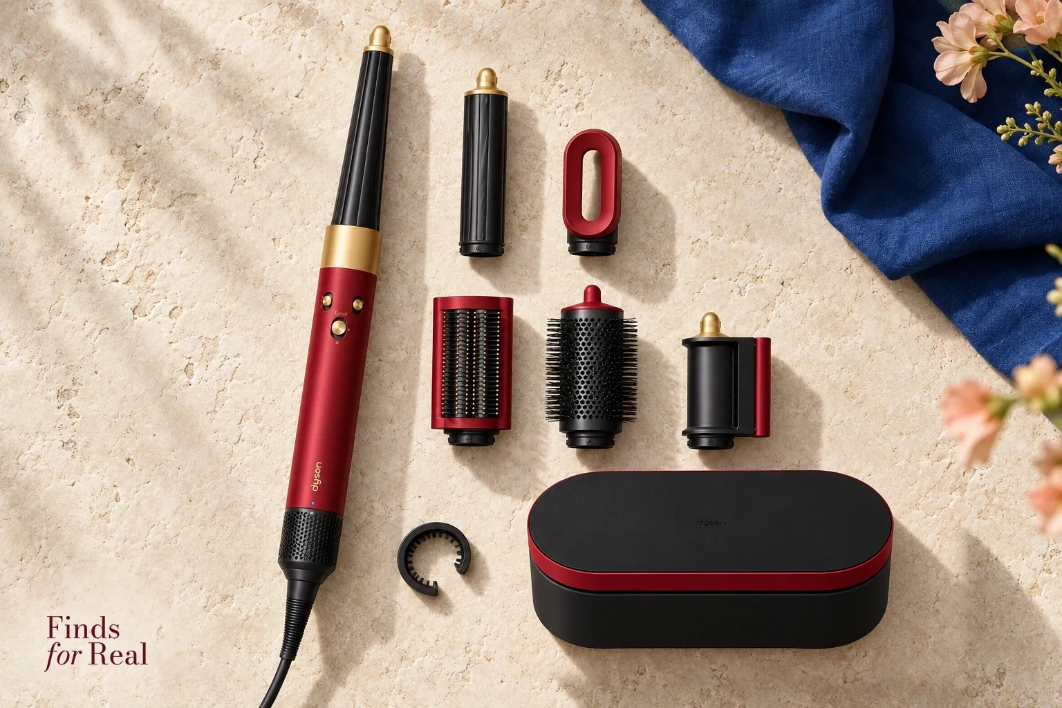 The Red Velvet and Gold Airwrap i.d. styling kit, attachments, presentation case and cleaning brush.