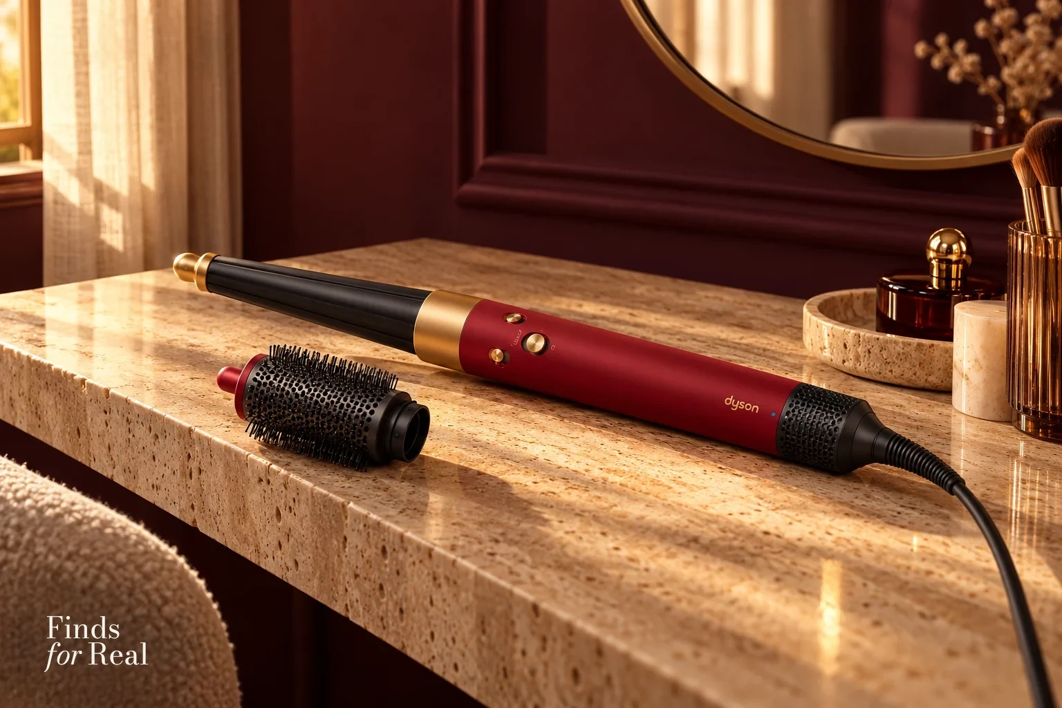 The Red Velvet and Gold Dyson Airwrap i.d. on a warm stone dressing table.