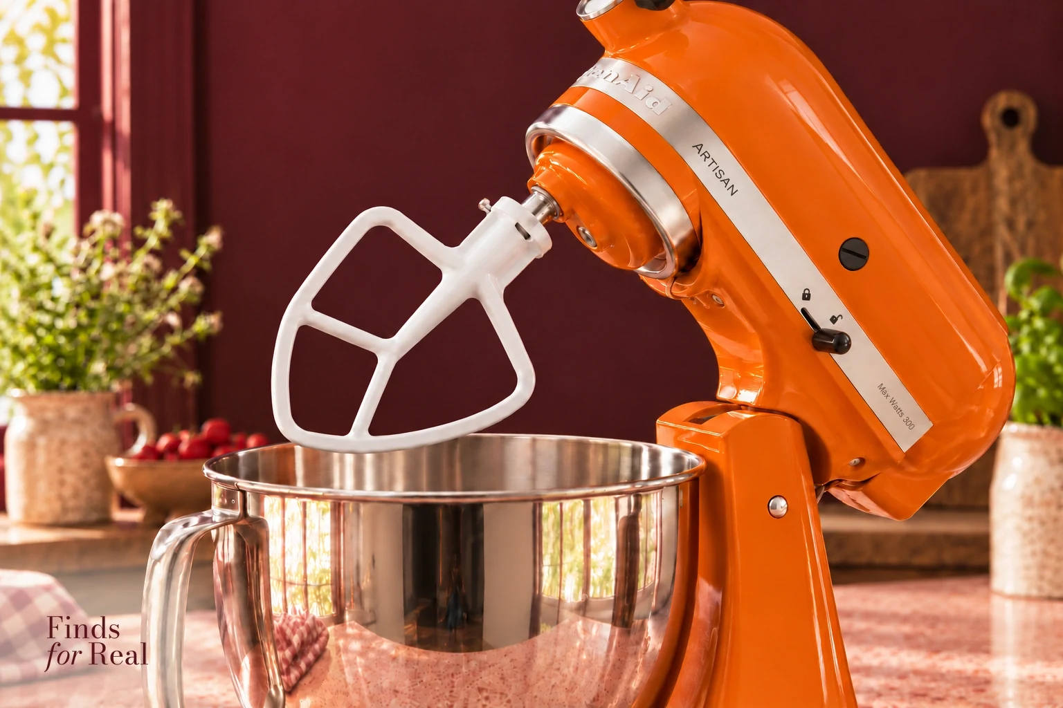 The Honey KitchenAid tilt-head and flat beater above the stainless steel bowl.