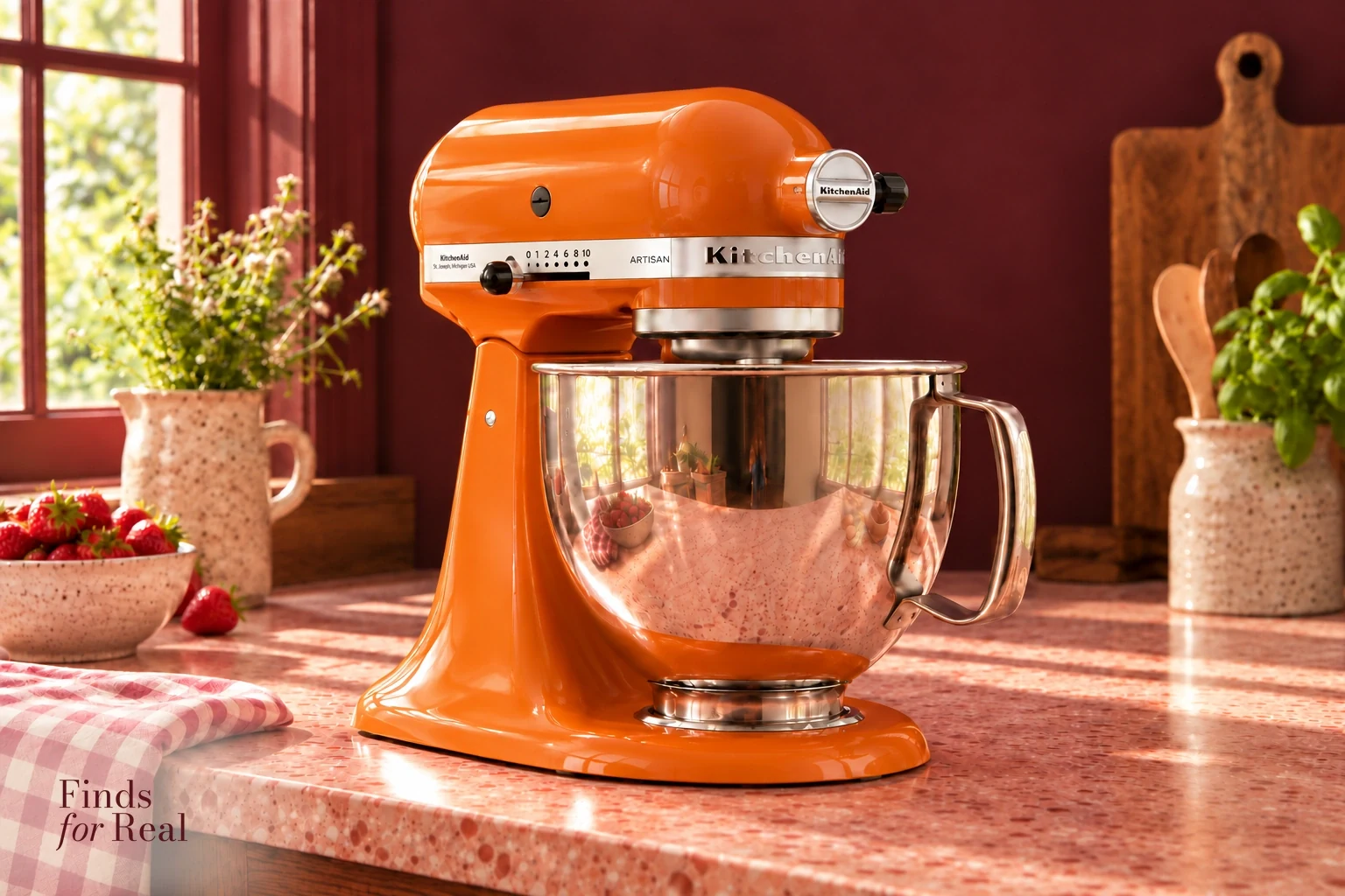 The Honey KitchenAid Artisan in a burgundy kitchen.