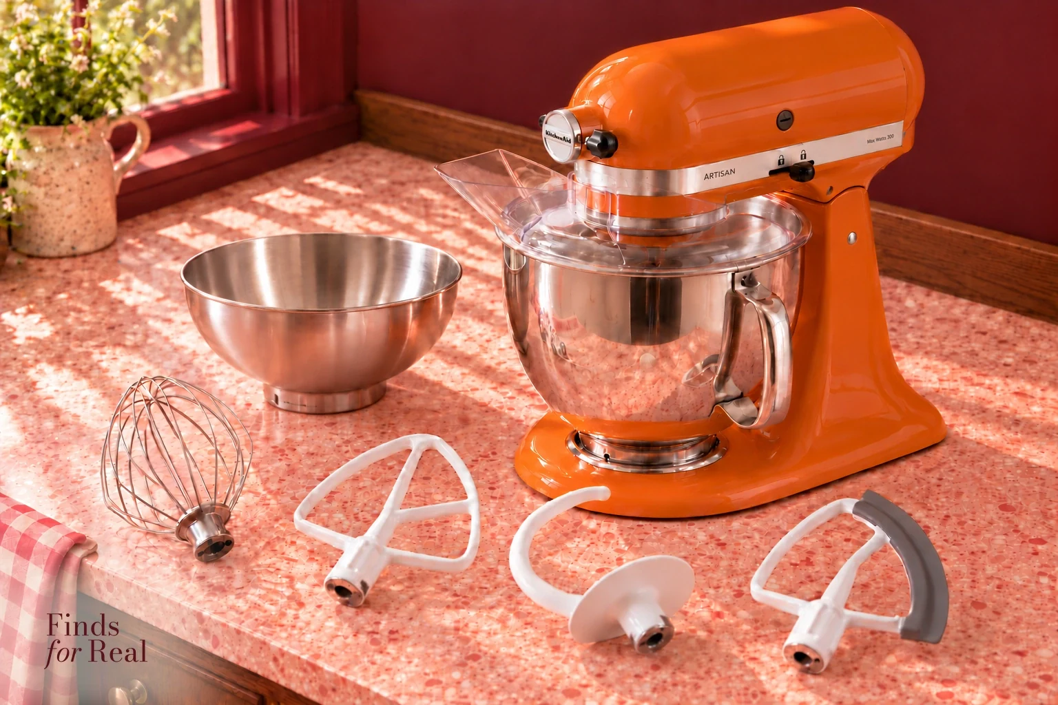The KitchenAid Artisan Honey kit with its two bowls, mixing tools and pouring shield.