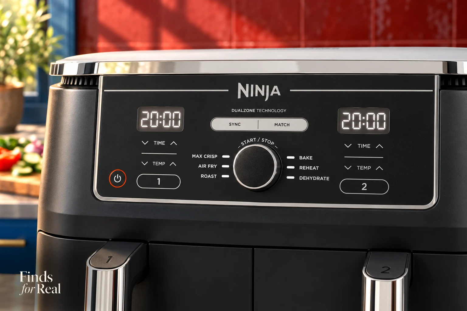 Close view of Ninja AF400ME controls showing SYNC, MATCH and its six cooking functions