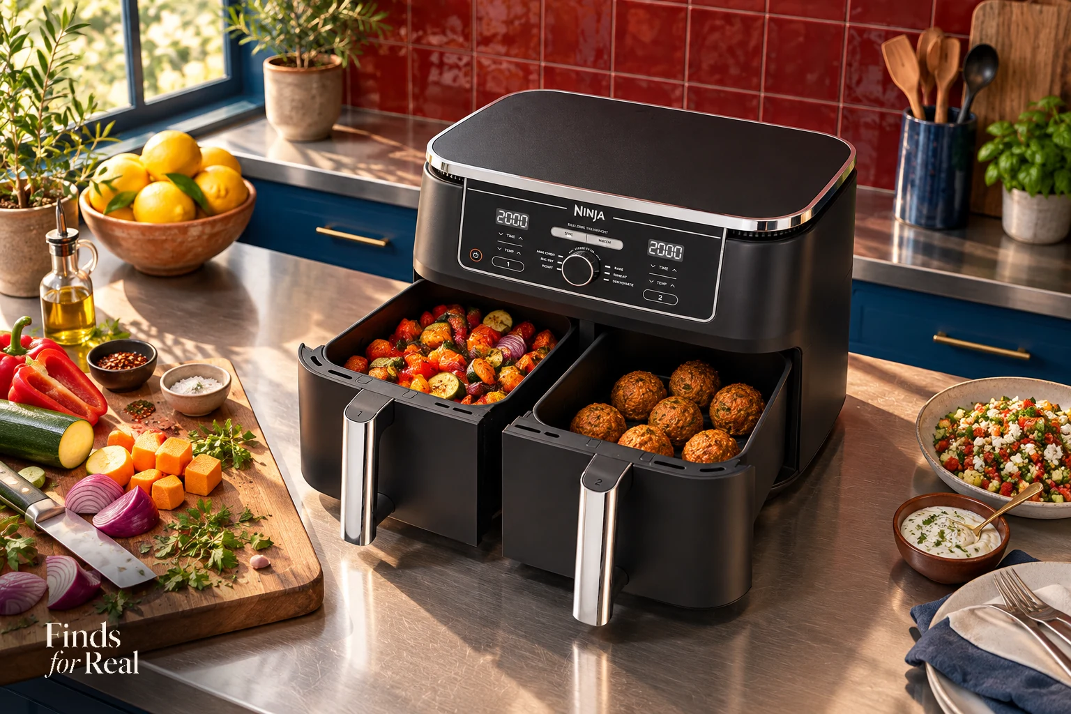 Ninja AF400ME with two open drawers beside vegetables and serving bowls in a red-tile kitchen