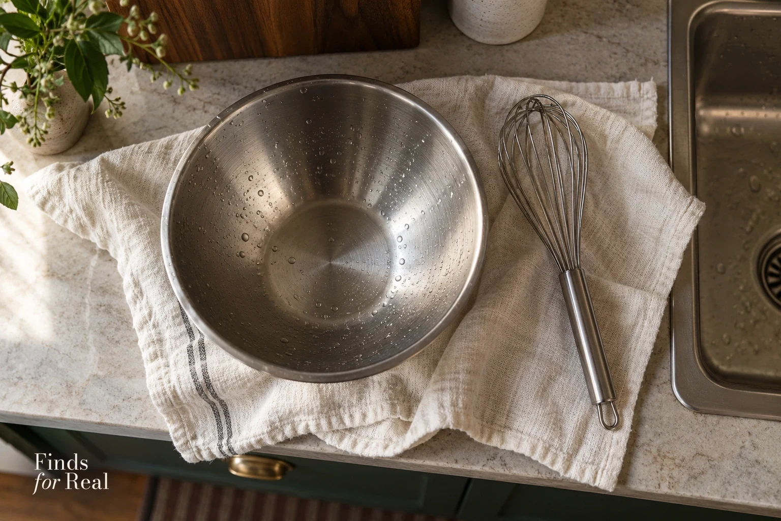 A washed stainless steel bowl and balloon whisk rest separately on linen.