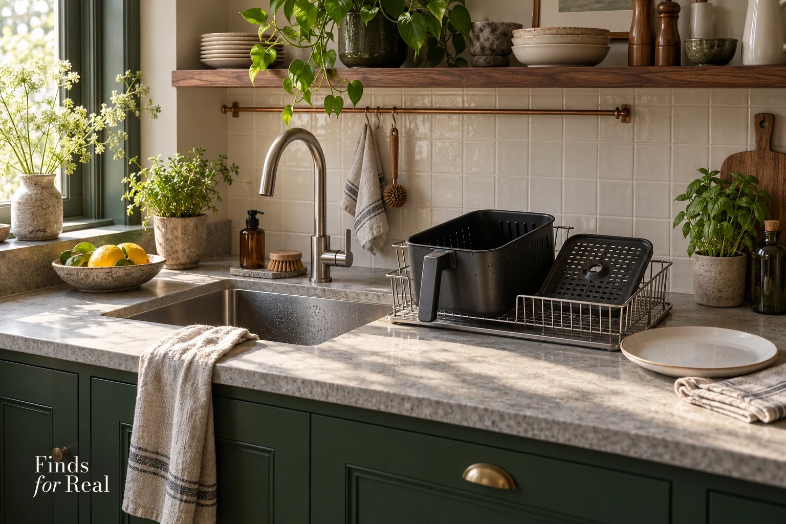 An air-fryer basket and separate perforated plate drying beside a clean sink.