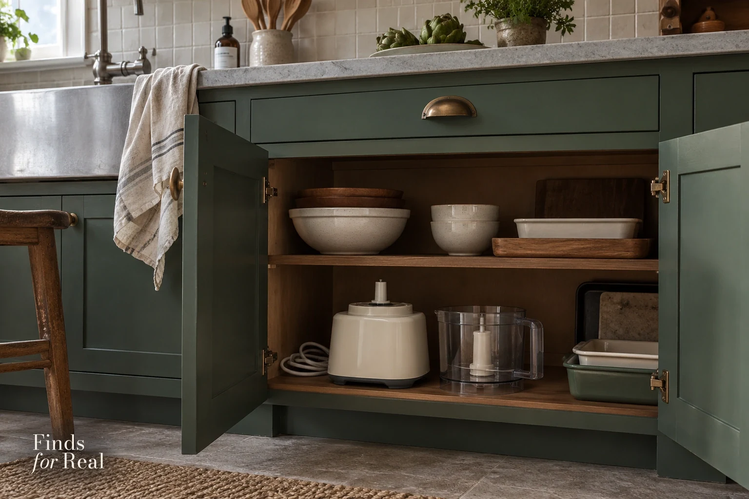 An open kitchen cabinet holds a compact food processor and detached bowl.