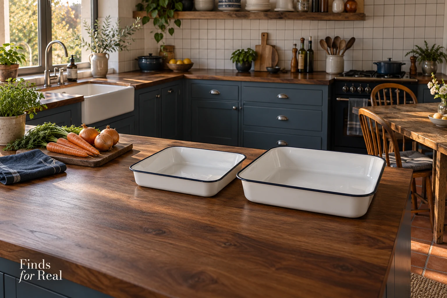 Two differently sized enamel roasting pans on a walnut counter in a slate-blue kitchen.