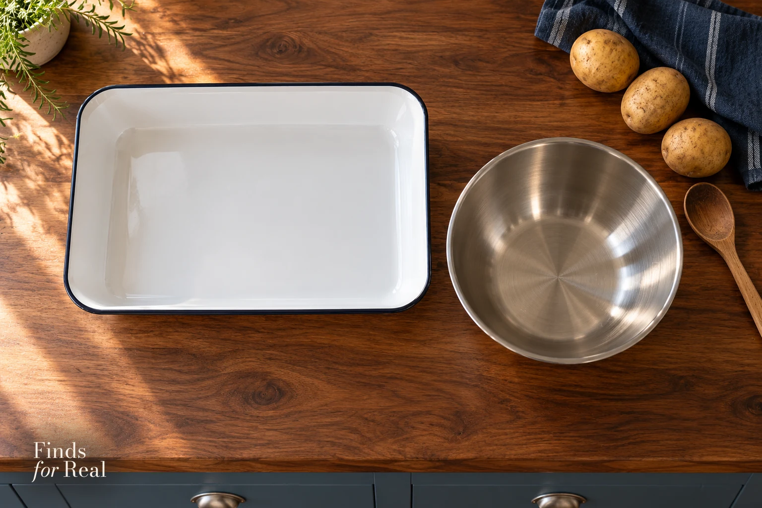 An overhead view of a wide shallow pan beside a deeper bowl, showing their different shapes.
