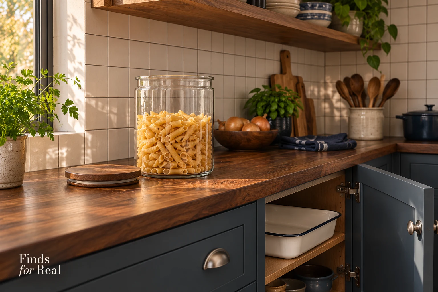 A cupboard and counter arrangement showing the space needed to reach and remove kitchen equipment.