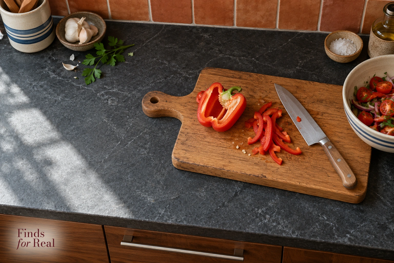 An overhead view of a pepper, knife and board with open preparation space beside them.