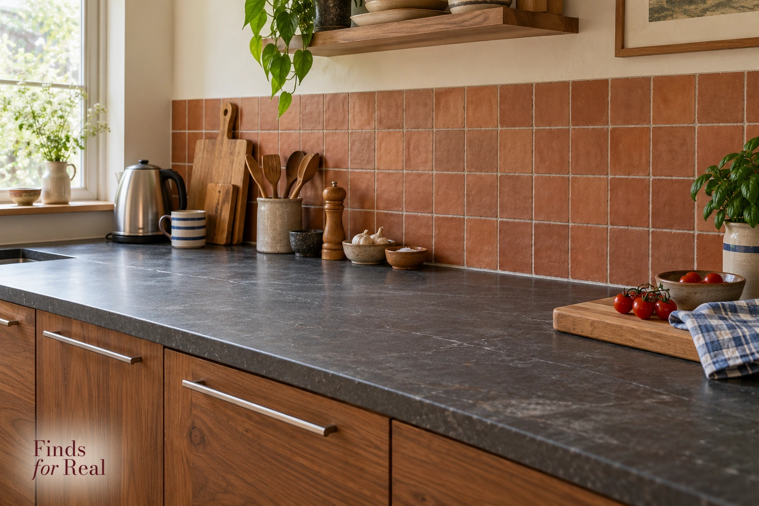 A broad preparation surface beside a kettle and striped mug in a walnut and terracotta kitchen.
