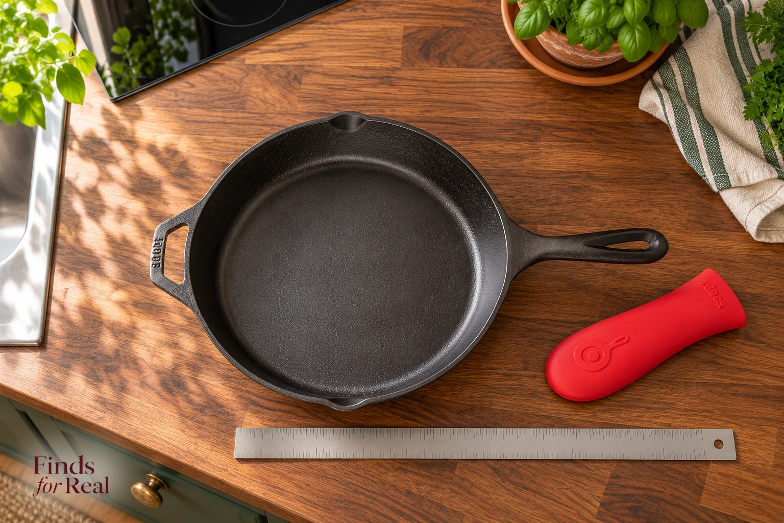 Overhead view of the Lodge 10.25-inch skillet and detached red silicone holder, showing its two handles and pour spouts.