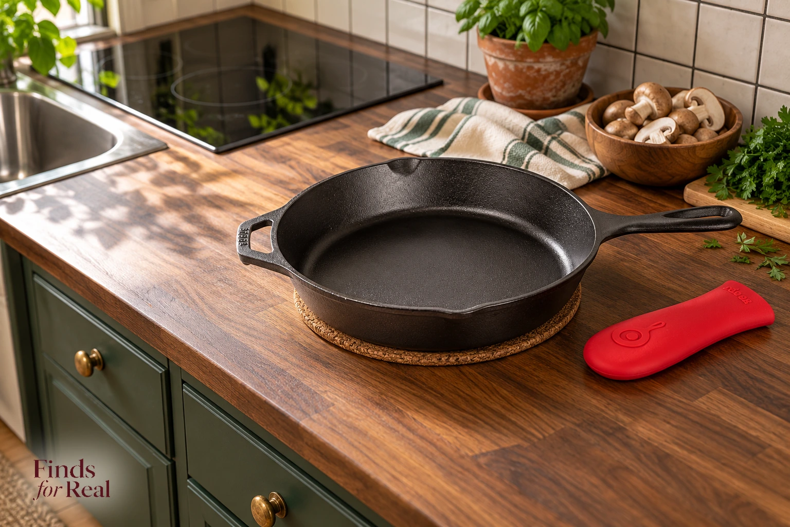 The Lodge 10.25-inch black skillet and red silicone holder on a walnut counter in a green kitchen.