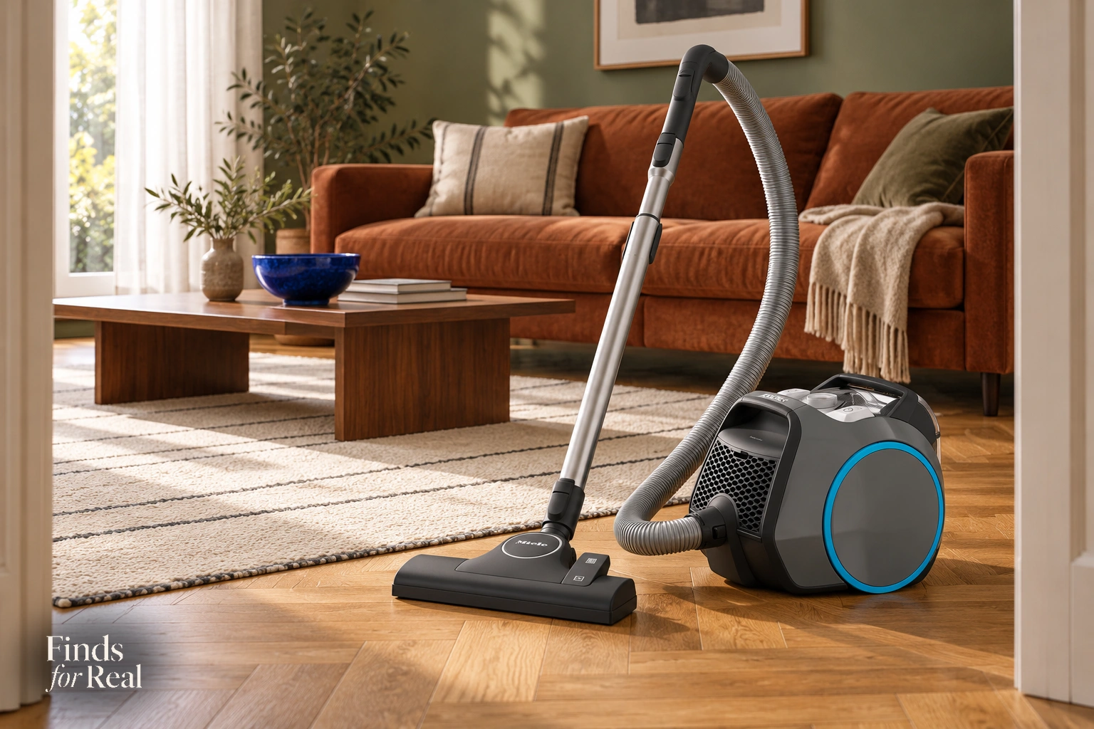 The gray and blue Miele Boost CX1 with its connected hose, tube and floorhead in an olive living room.