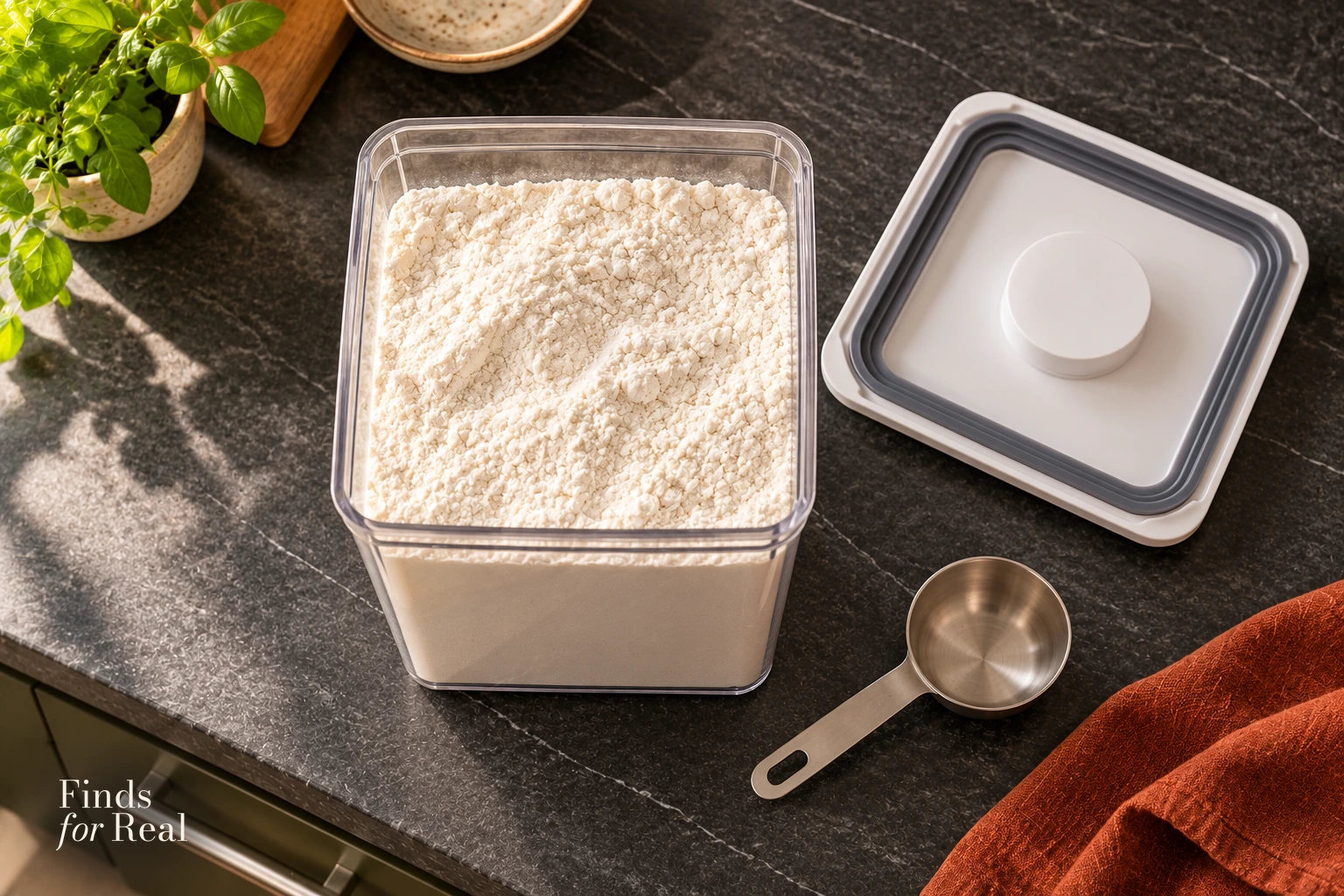 The open square OXO POP container beside its lid and a separate measuring cup.