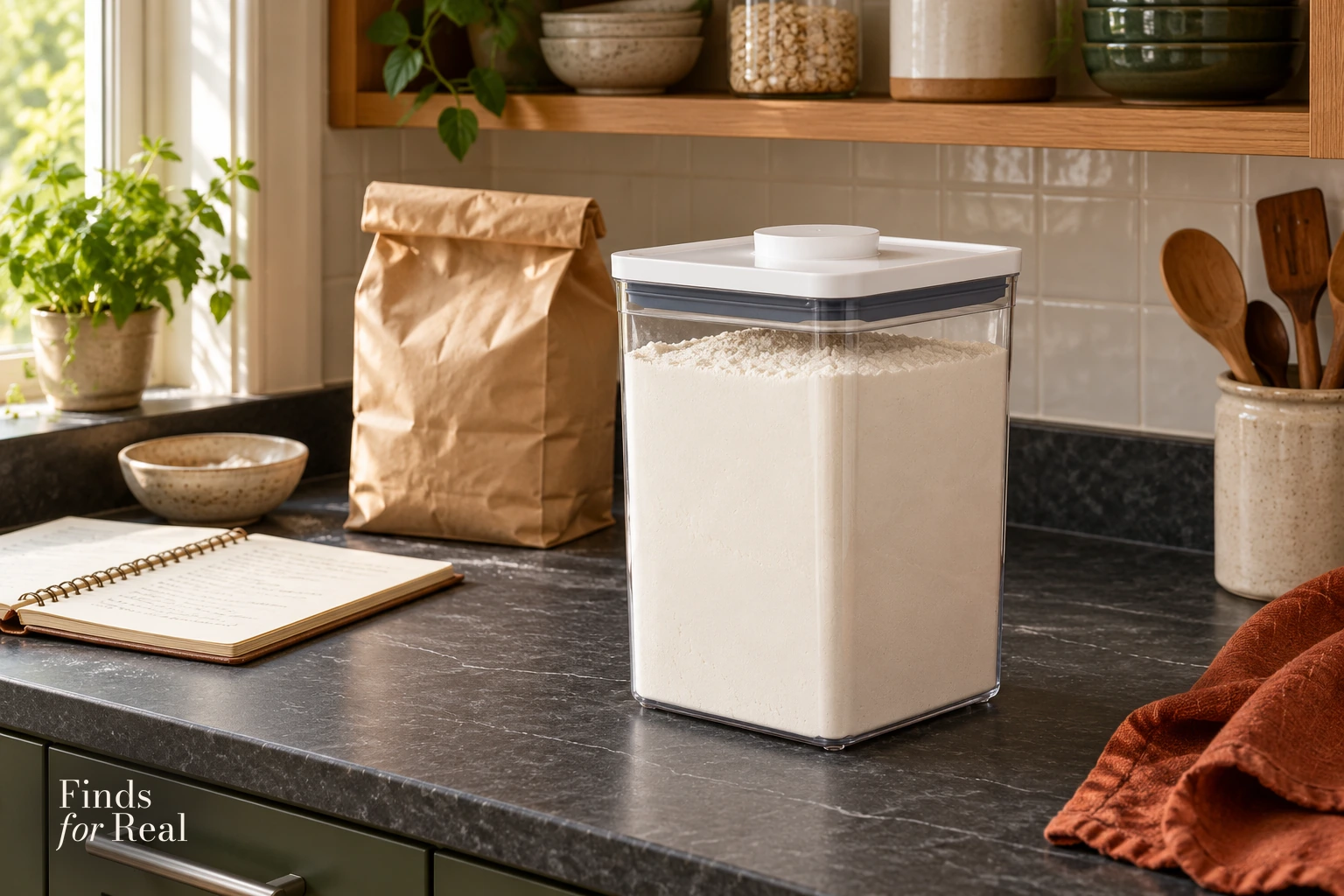 The white-lid OXO POP4.2L flour container on a charcoal counter in an olive kitchen.