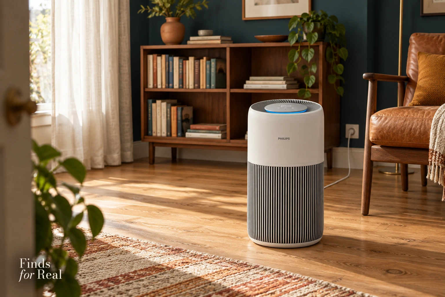 The white Philips AC2220/10 on the oak floor of a blue reading room.