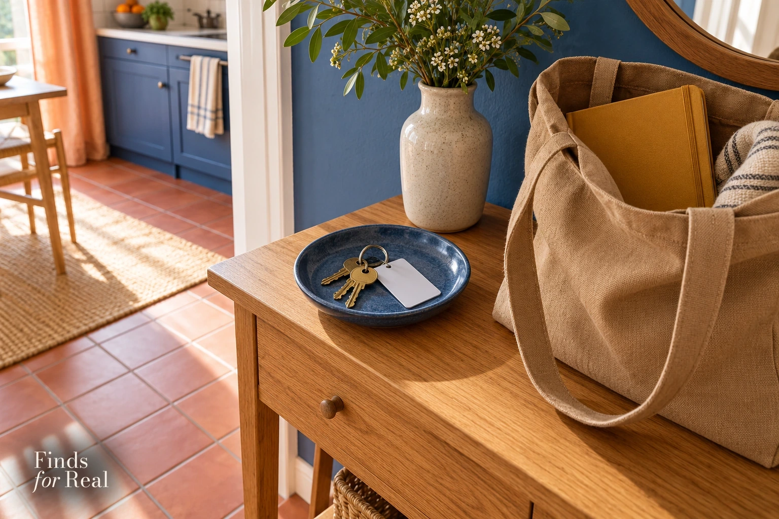 Keys and a plain card in a blue dish beside a packed tan tote on an oak console.