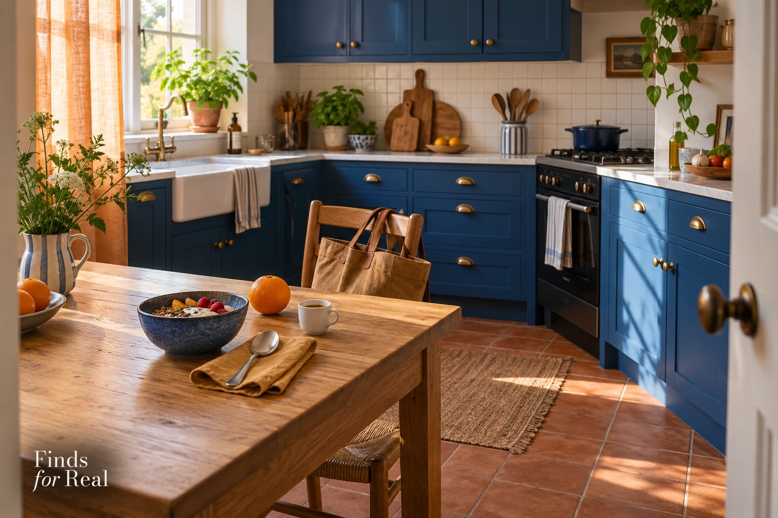 Breakfast bowl, spoon and coffee on an oak table in a blue kitchen with terracotta flooring.