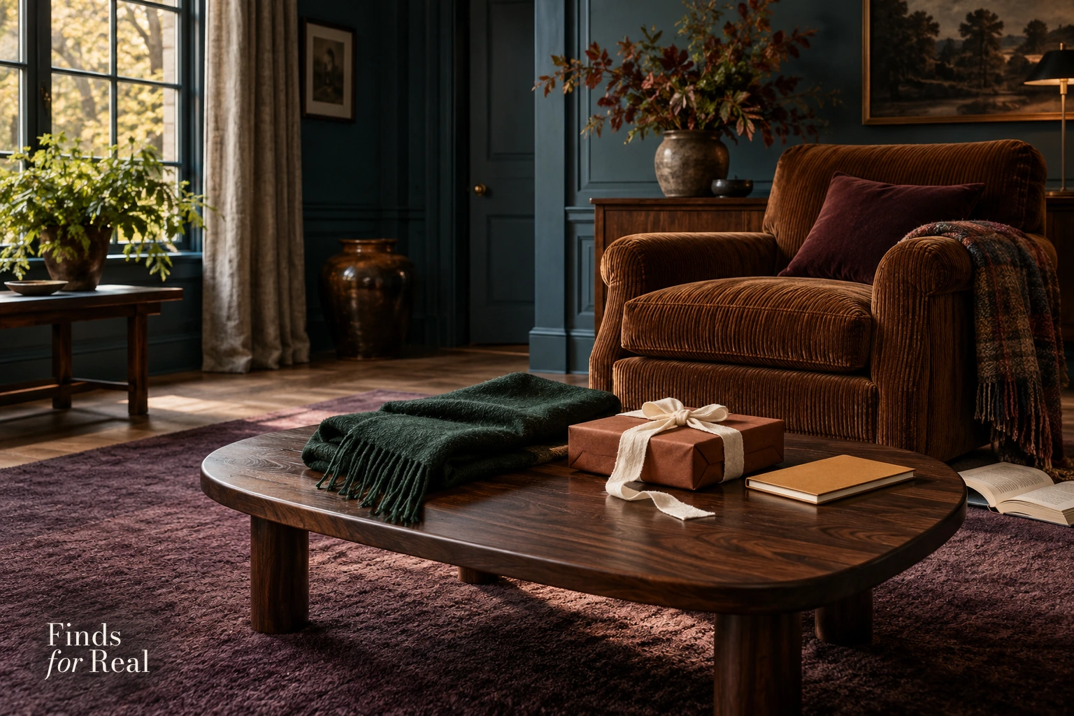 A small rust-paper gift, a folded green scarf and an ochre notebook on a walnut table beside a corduroy chair.