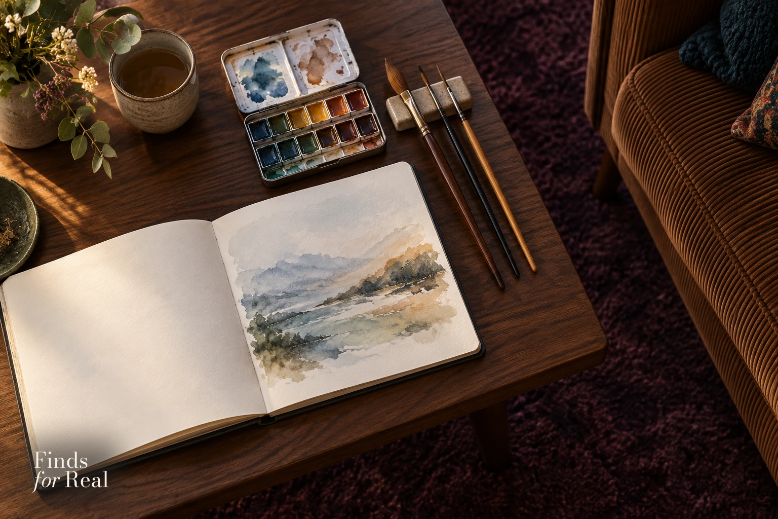 An open watercolor sketchbook, a paint tin and three brushes on a walnut table beside the same corduroy chair.