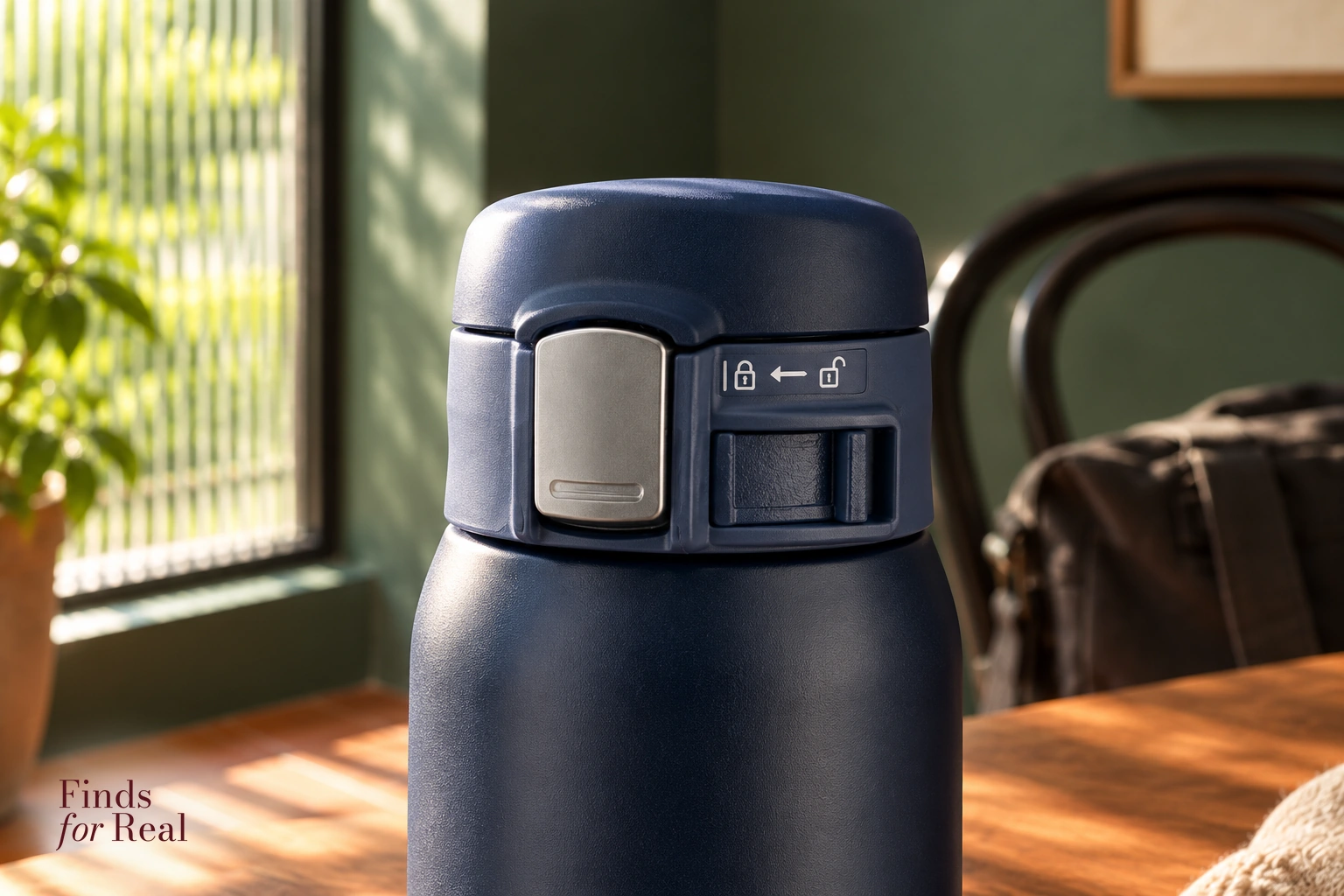 Close view of the navy Zojirushi mug’s silver release button and separate sliding safety lock.