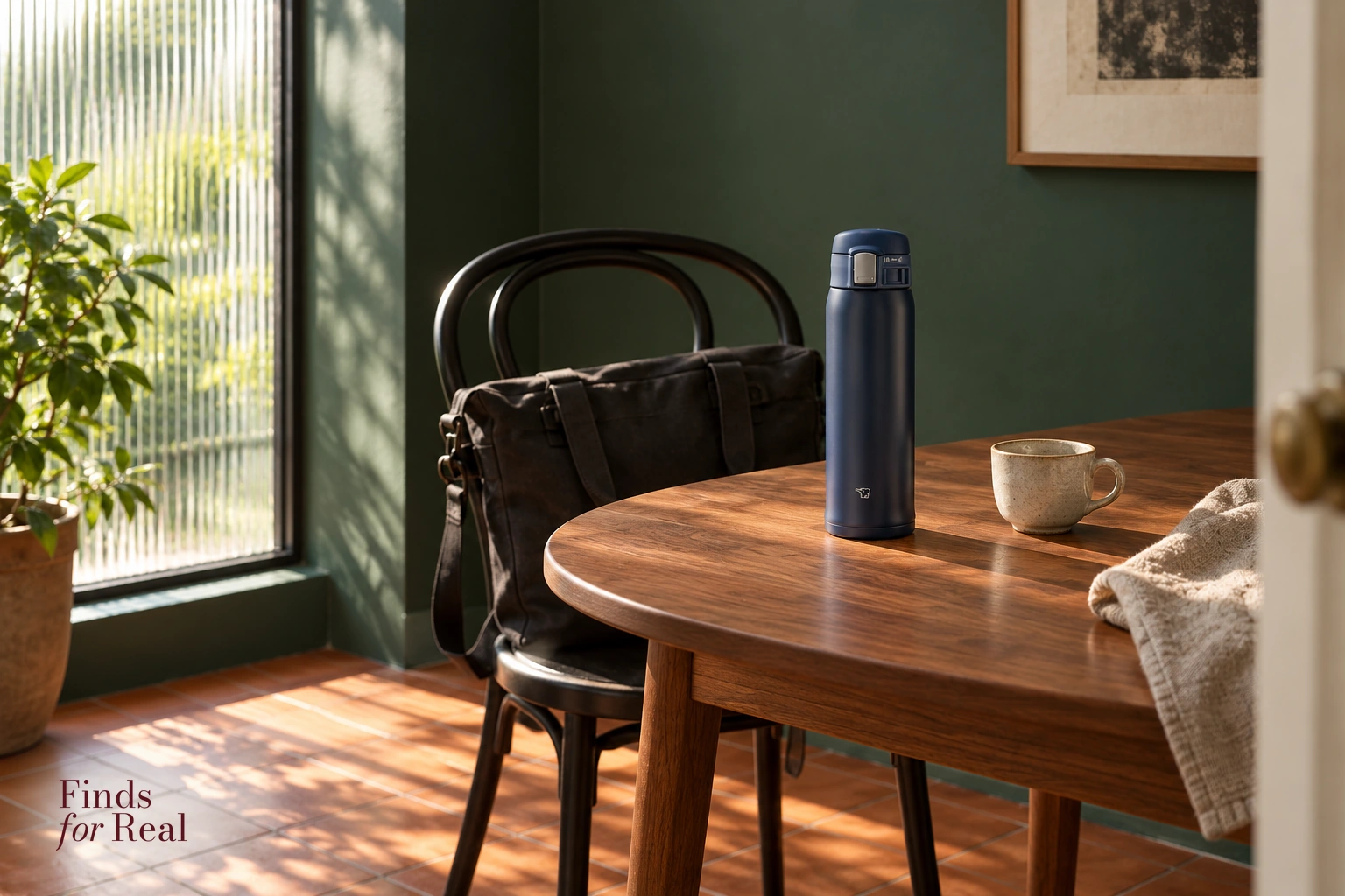 Navy Zojirushi SM-SF48-AD mug on a walnut breakfast table beside a canvas commuter bag and ceramic cup.